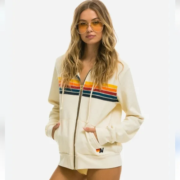 Aviator Nation 5 Stripe Zip Hoodie in Vintage White Medium - Picture 1 of 8